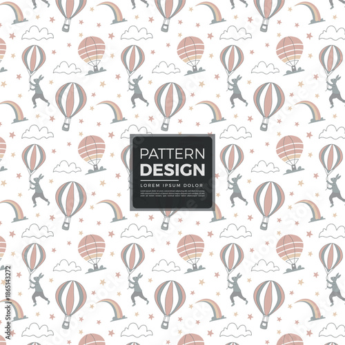 Charming seamless pattern with hot air balloons, animals, clouds, and stars