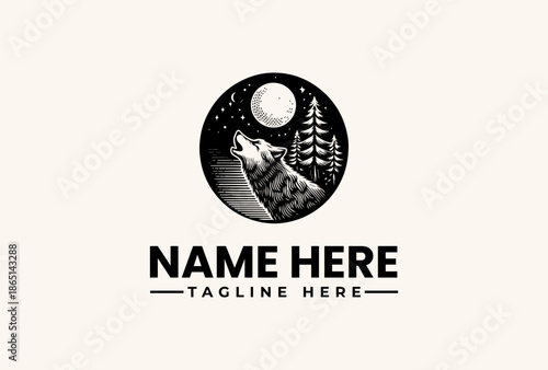 Black and white illustration of a wolf howling at the moon with a pine tree, set in a night sky with stars, surrounded by a circular logo design on a beige background.