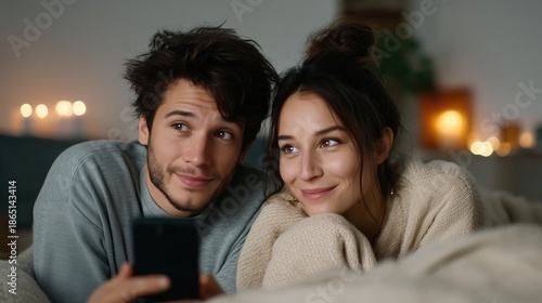 Cozy young couple enjoying streaming content on smartphone at night