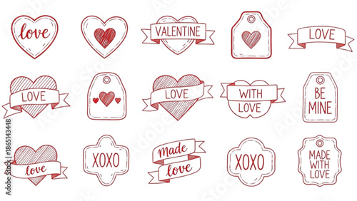 Valentine's Day Love Symbols and Romantic Heart Designs in Hand-Drawn Graphic Style