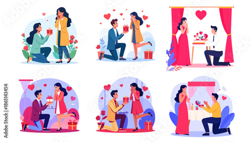 Flat Illustration Set of Couples Proposing Marriage, Depicting Romantic Moments and Love Stories. Ideal for Valentine’s Posters, Romantic Banners, Website Graphics, Greeting Cards & Social Media Post.