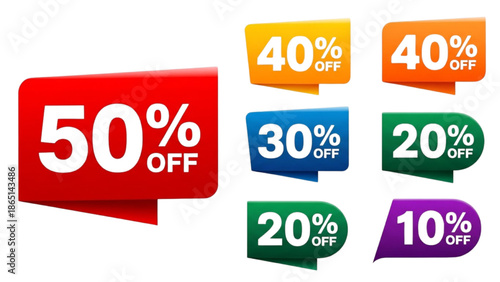Colorful Discount Tags Showing Various Percentage Offers in a Graphic Design, Marketing Concept, Close-Up View