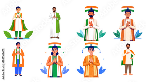 Wallpaper Mural Flat Vector Illustration Set of Indian People Greeting with Namaste in Tricolor-Themed Clothing Symbolizing National Pride and Unity. Ideal for Republic Day, Independence Day, Patriotic Campaigns Torontodigital.ca