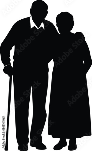Elderly couple silhouette with walking cane, senior man and woman standing together symbolizing love, care, support, and aging companionship