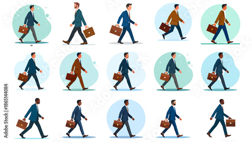 Set of Flat Vector Illustrations of Businessmen Carrying Briefcases While Walking to Work, Representing Professional Life, Corporate Routine and Daily Commute. Ideal for Business Presentations