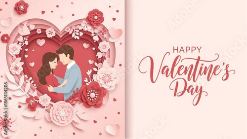 Couple Embracing in Heart-Shaped Floral Frame Valentine’s Day Greeting Card Illustration