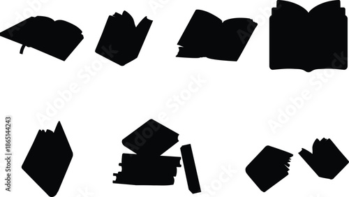 Collection of black and white book icons, including open, closed, and stacked books, illustration