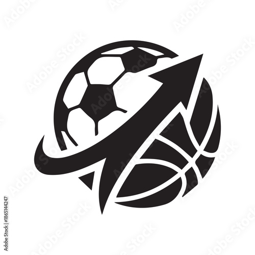 Sport emblem featuring soccer and basketball with an arrow indicating progress