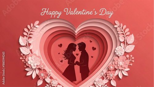 Valentine's Day Romantic Couple Silhouette Heart Paper Art Floral Design Greeting