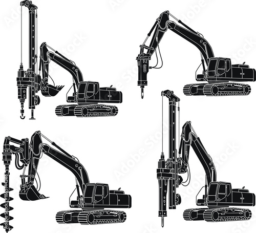 Hydraulic excavator drilling and piling machine silhouette set, heavy construction equipment with auger and hammer attachments in black vector style
