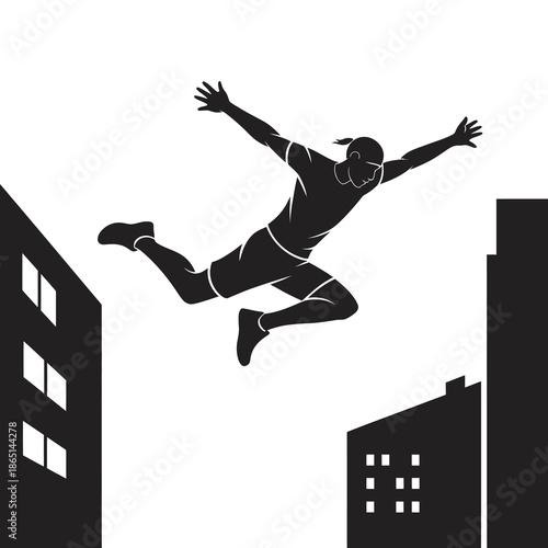A dynamic silhouette of a man performing parkour, jumping between two buildings
