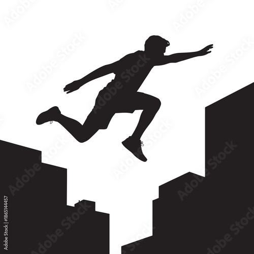 Dynamic silhouette illustration of a man leaping across buildings in an urban environment