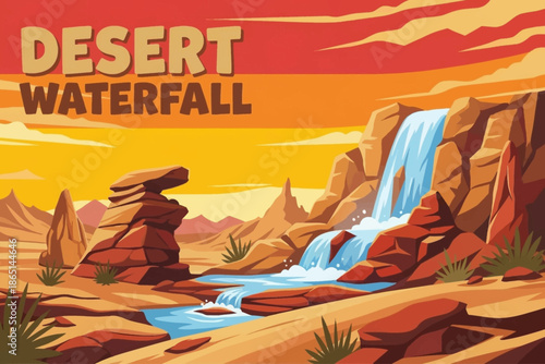 rare desert waterfall appears after rainfall vector cartoon, flowing through arid rock formations and highlighting contrast between water and dry desert terrain