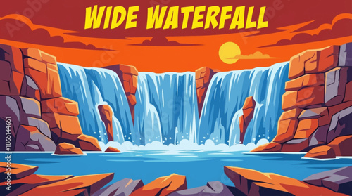 wide waterfall spreads across a broad rock ledge, forming multiple streams that highlight symmetry, surface texture, and balanced natural composition