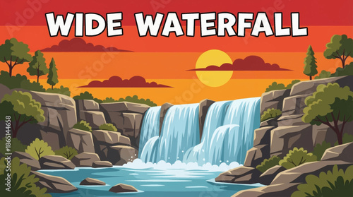 wide waterfall spreads across a broad rock ledge, forming multiple streams that highlight symmetry, surface texture, and balanced natural composition