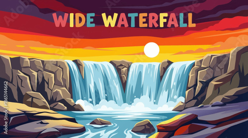 wide waterfall spreads across a broad rock ledge, forming multiple streams that highlight symmetry, surface texture, and balanced natural composition