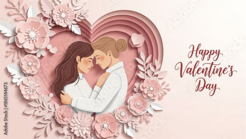 Romantic lesbian Couple Embracing Tenderly with Floral Valentine’s Day Illustration, Soft Pink Background