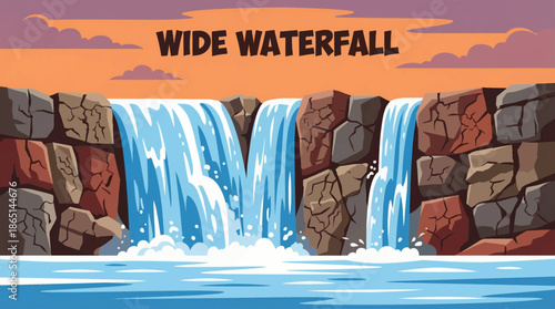 wide waterfall spreads across a broad rock ledge, forming multiple streams that highlight symmetry, surface texture, and balanced natural composition