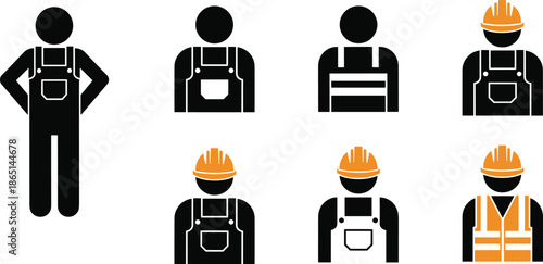 Construction worker icon set featuring builders, engineers, safety helmets, and protective vests for industrial, labor, and workforce design projects