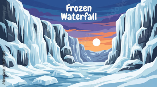frozen waterfall forms icy textures along cliff walls, capturing extreme cold conditions, seasonal transformation, and striking winter landscape beauty