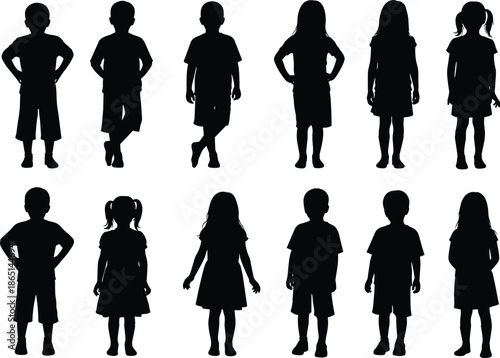 Children silhouette icon set with boys and girls standing poses, black kid figures for education, infographic, signage, and design use