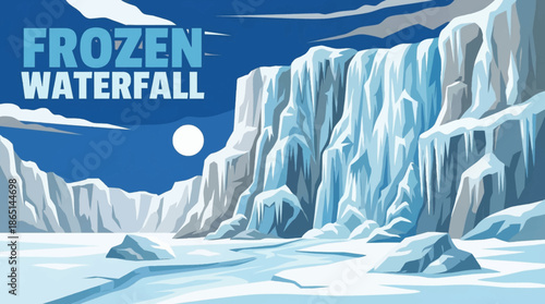 frozen waterfall forms icy textures along cliff walls, capturing extreme cold conditions, seasonal transformation, and striking winter landscape beauty