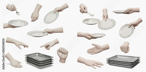 Set of human hands holding plates, spoons, and showing various gestures with metal trays.