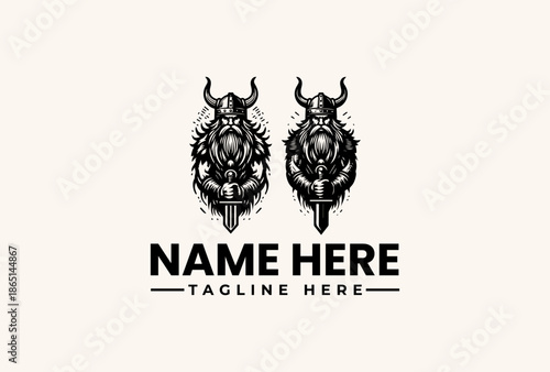 Black and white illustration of two bull skulls with horns and spiky decorative elements, accompanied by placeholder text on a beige background, featuring a logo and vector graphic design.