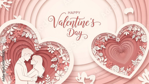 Valentine's Day Celebration Romantic Couple in Heart-Shaped Design with Pink Background
