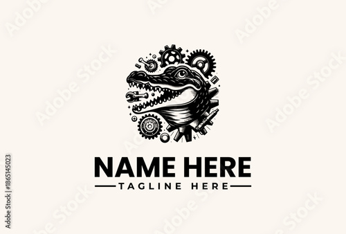 Black and white illustration of a dinosaur head with gears and cogs, surrounded by a logo and vector graphics on a clean background, with a bold typography for a business or brand identity.