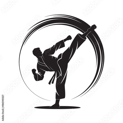 Silhouette illustration of a martial artist performing a powerful high kick