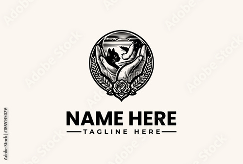 Black and white illustration of a logo featuring two hands cradling a globe with a laurel wreath, accompanied by placeholder text on a clean white background.