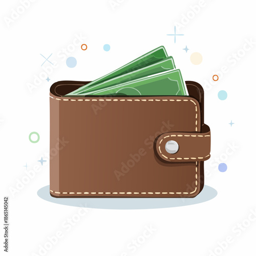 Brown leather wallet with green banknotes, symbolizing financial wealth and savings, representing easy access to money and personal finance management