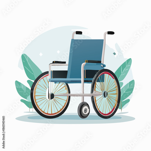 A detailed illustration of a blue wheelchair with large spoked wheels, set against a backdrop of green leaves and a light blue sky, symbolizing mobility and accessibility