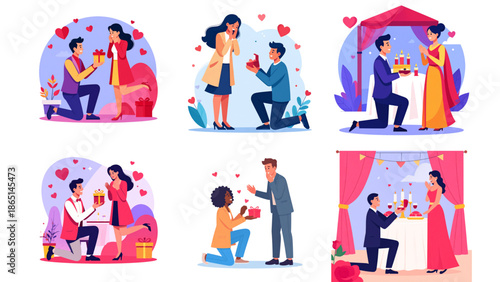 Set of Flat Illustrations of Couples Proposing, Romantic Love and Engagement Concept Design. Ideal for Valentine’s Day Posters, Banners, Web Design, Greeting Cards and Love-Themed Marketing Graphics