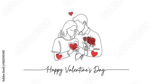 Couple Celebrating Valentine's Day with Heart and Flowers, Romantic Lifestyle Illustration