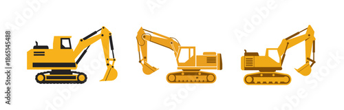 Collection of yellow excavator illustrations, essential heavy machinery for earthmoving, digging, and industrial site preparation, crucial for modern construction projects