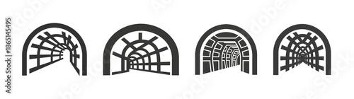 Abstract graphic icons of stylized tunnel entrances and architectural archways, showcasing diverse perspectives and structural depth, symbolizing pathways, portals, and progression