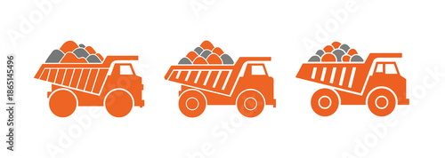 Three orange dump trucks loaded with rocks, depicted in a minimalist, flat design style. Ideal for illustrating construction, mining, or logistics