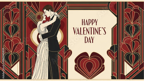 Romantic Couple Embracing in Art Deco Style Illustration for Valentine’s Day Celebration