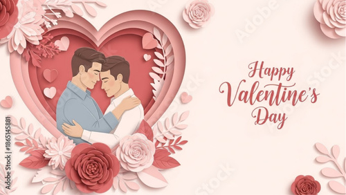 Romantic gay Couple Embracing in Heart-Shaped Frame Valentines Day Illustration with Roses