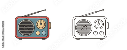 Retro portable radio shown in cartoon and line art styles red and blue colors electronic device for listening to music and news isolated on white background