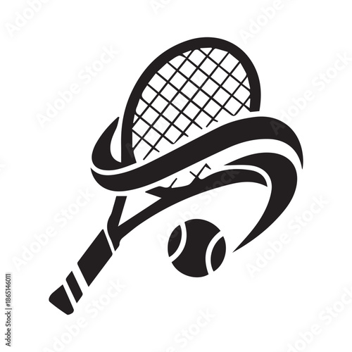 A stylized black and white illustration of a tennis racket and ball, suitable for a sports logo or icon