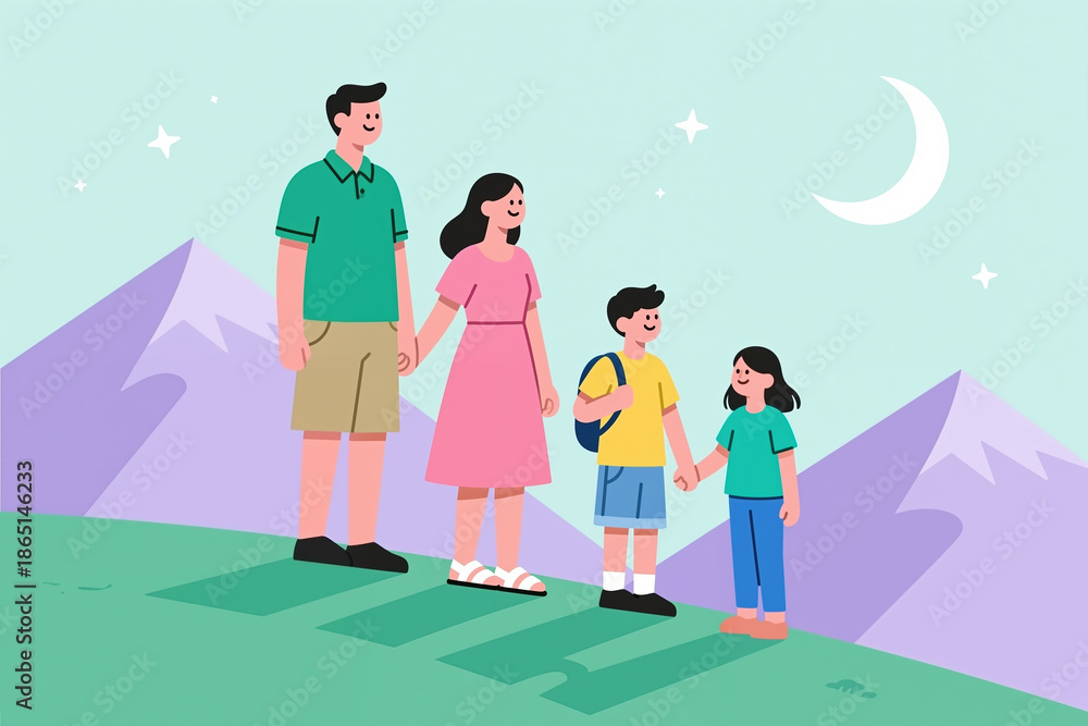 Naklejka premium Cartoon family of four holding hands, standing on a green hill with purple mountains and a light green night sky with stars and a crescent moon.