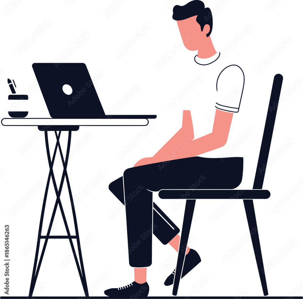 Fototapeta premium Man in white shirt dark pants sits at table with laptop and pen sitting chair d