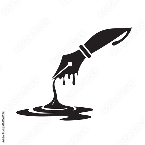 Simple black and white silhouette of a fountain pen nib dripping ink onto a puddle
