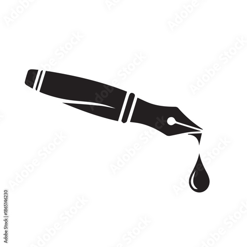 A simple black silhouette of a fountain pen with a drop of ink falling from the nib