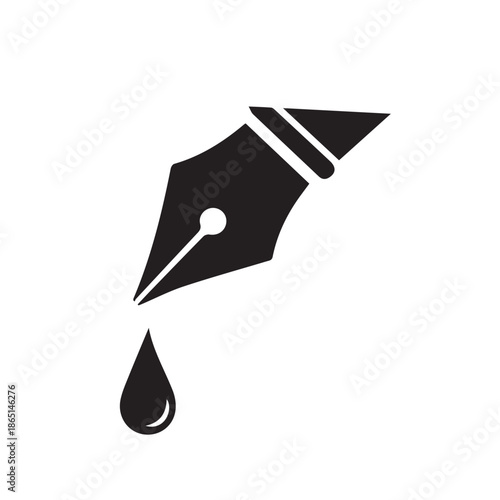 Minimalist black silhouette of a fountain pen nib with a drop of ink falling