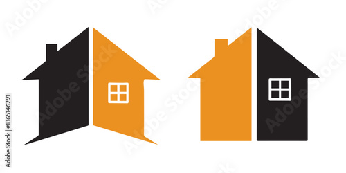 Two abstract house logos in black and orange facing each other, real estate concept vector illustration