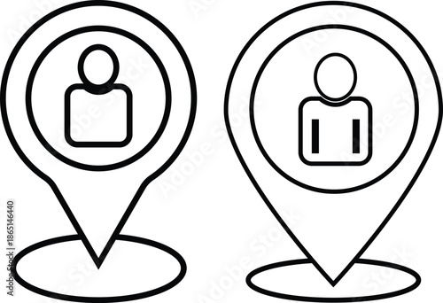 Location pin with person icon.  Current Location Icons. Man inside map pin symbol. User position symbols. Map pointer with avatar graphic design.
